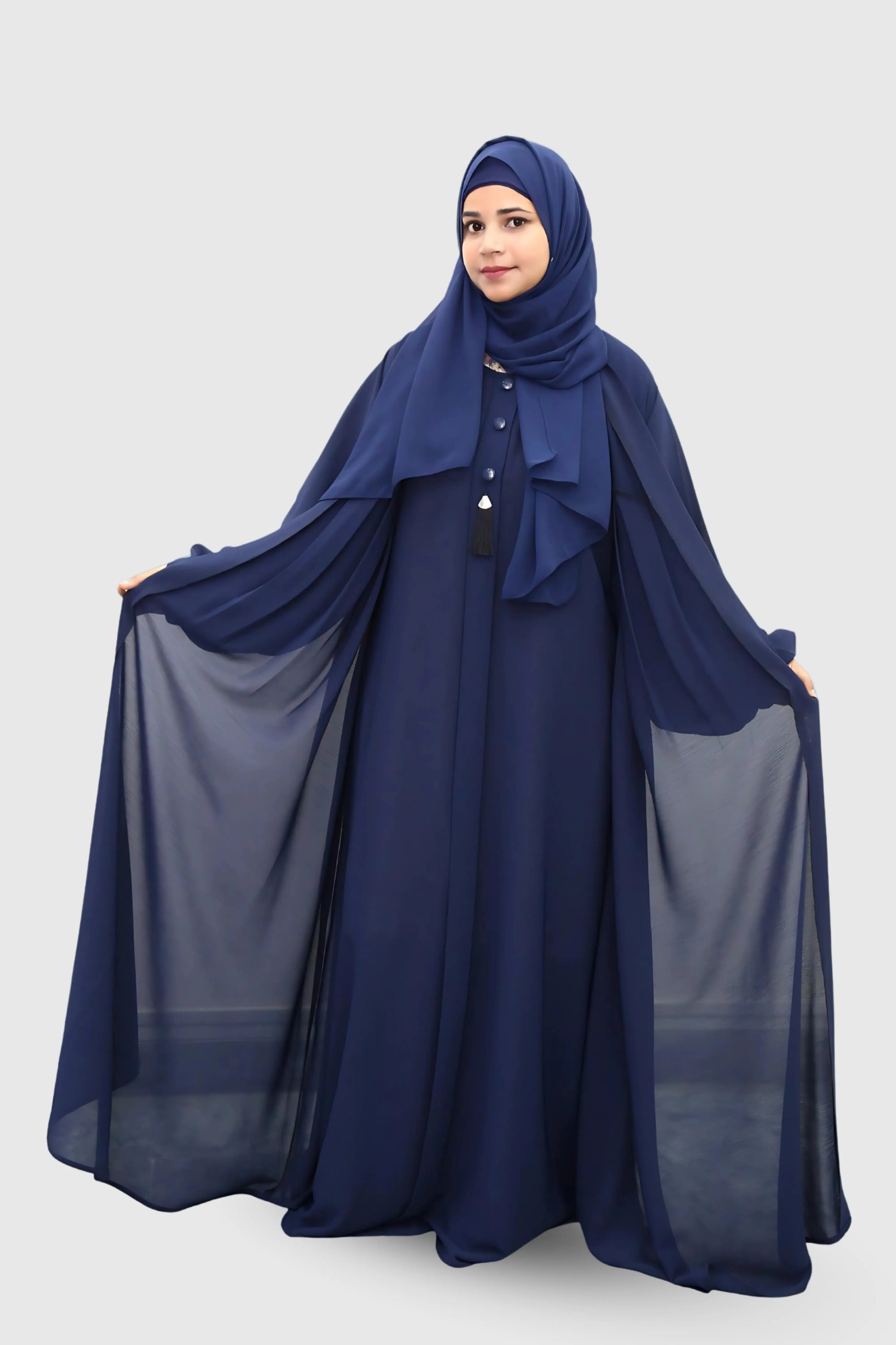 Beautiful modest clothing look featuring an abaya and hijab from Admire Hijab.
