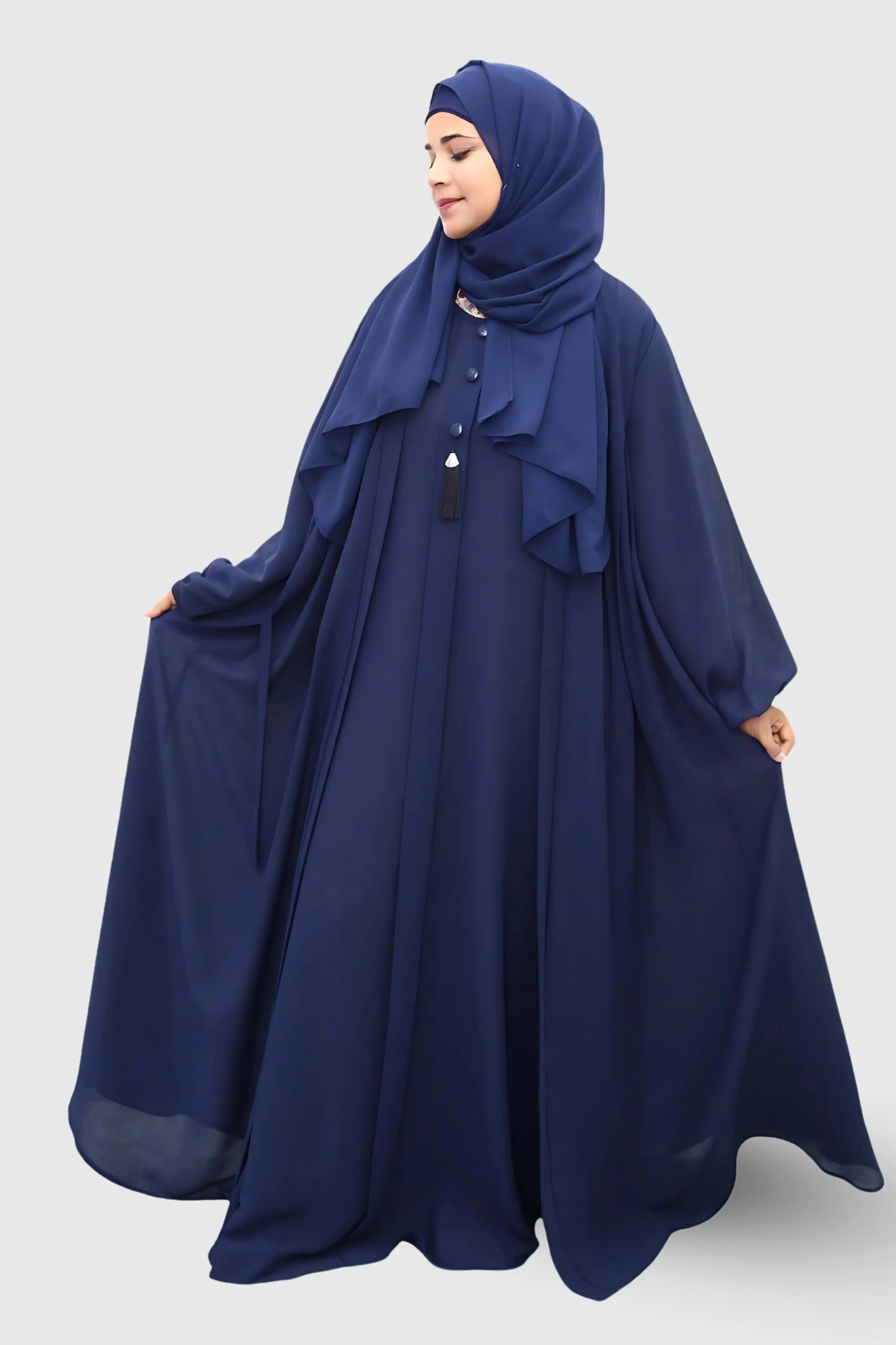 Beautiful modest clothing look featuring an abaya and hijab from Admire Hijab.