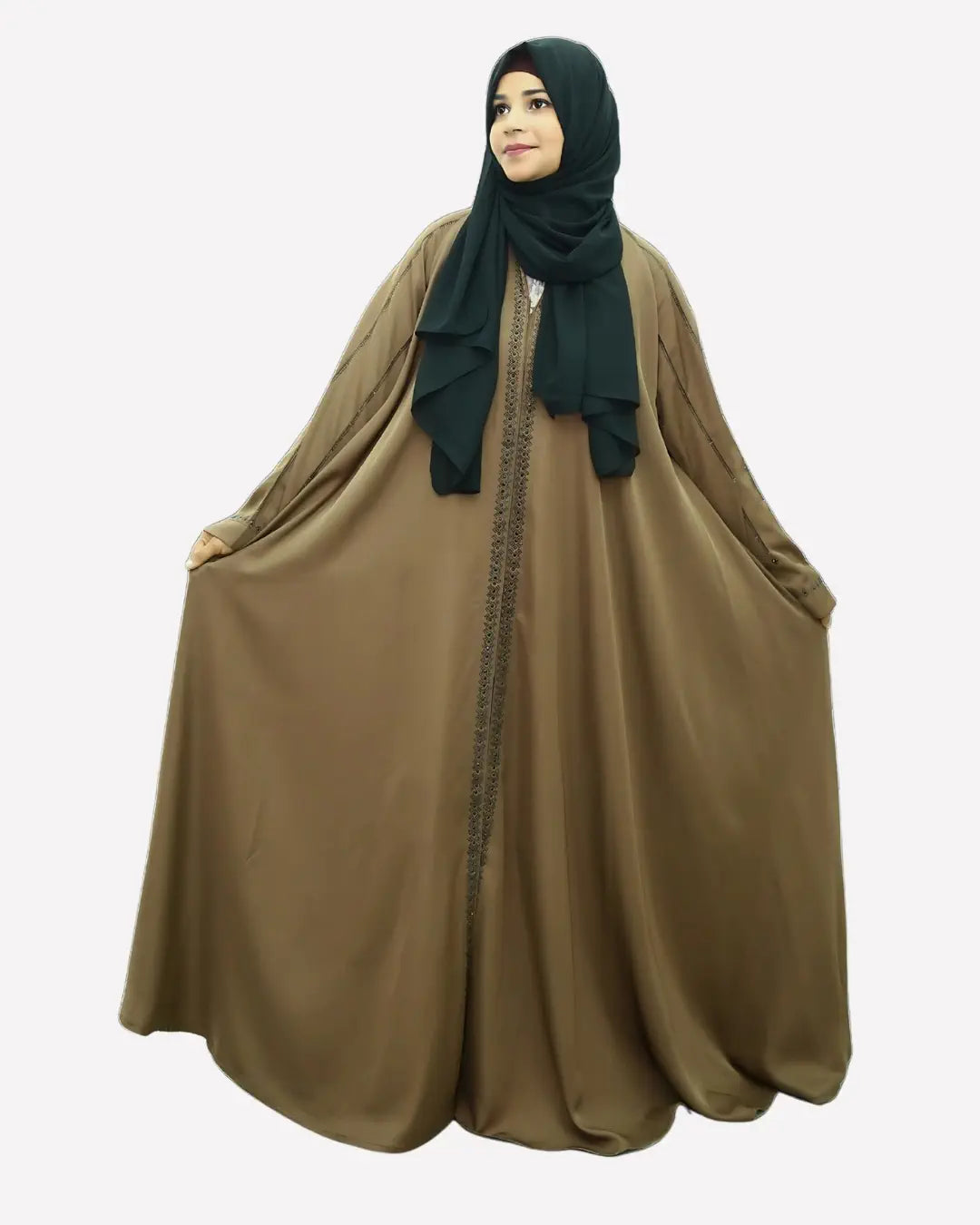 Woman wearing an abaya dress with a green hijab on a white background
