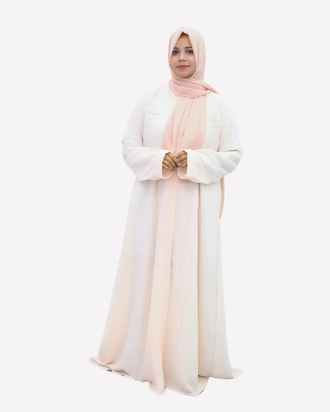 A girl wearing a premium quality abaya with contrast color hijab