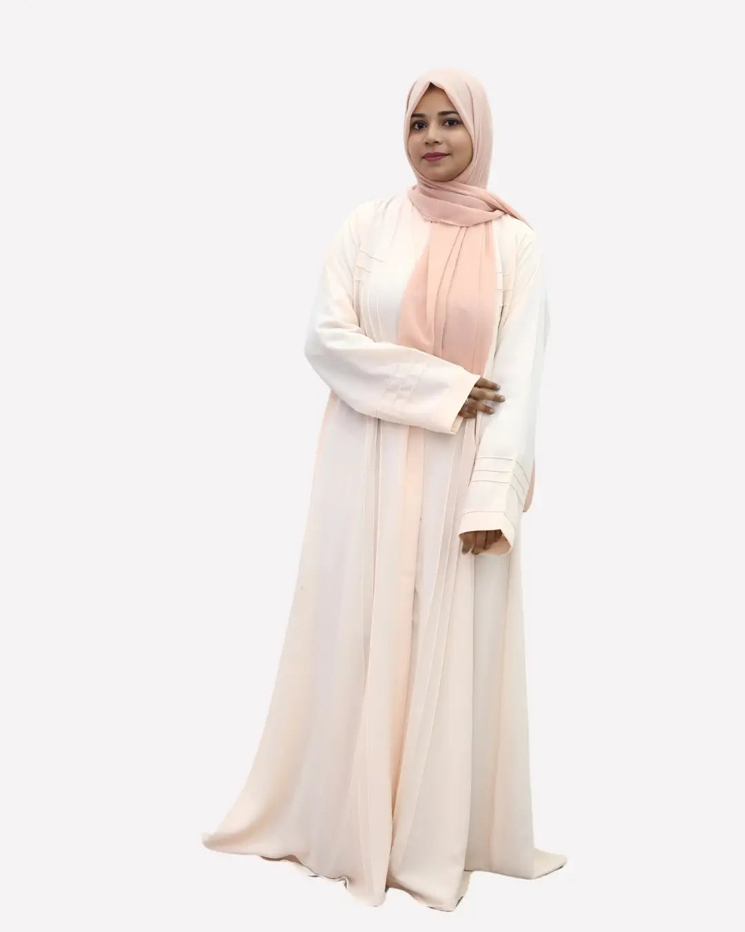 A girl wearing a premium quality abaya with contrast color hijab