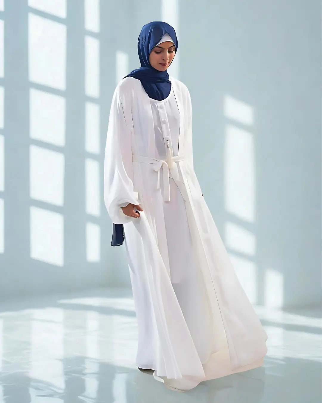 Woman wearing a white abaya and blue hijab in a bright room