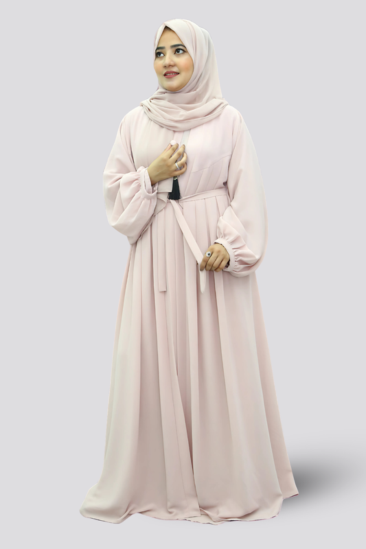 A girl standing in a studio wear premium quality abaya with contrast hijab
