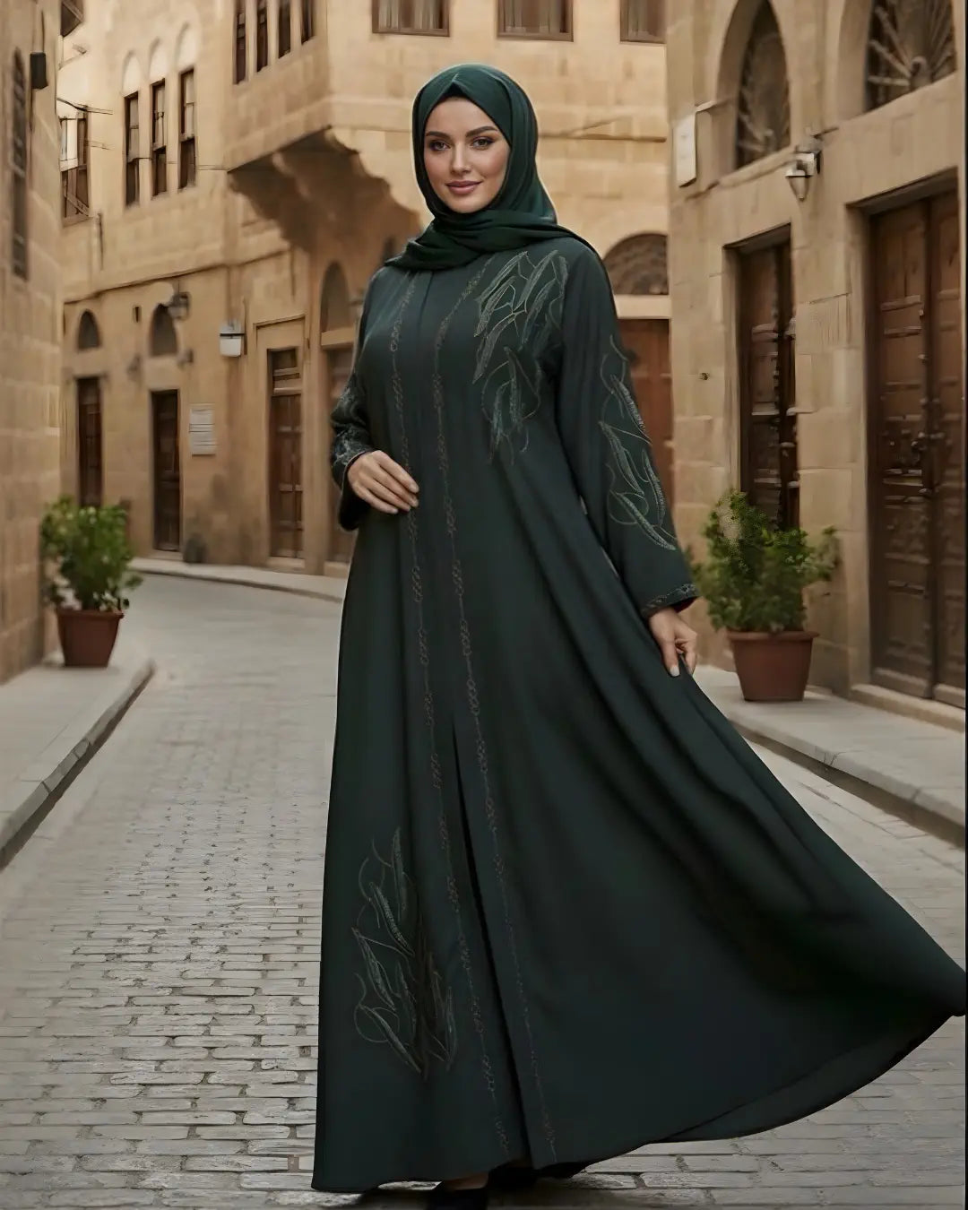 Woman in a dark green abaya walking down a street with traditional architecture.