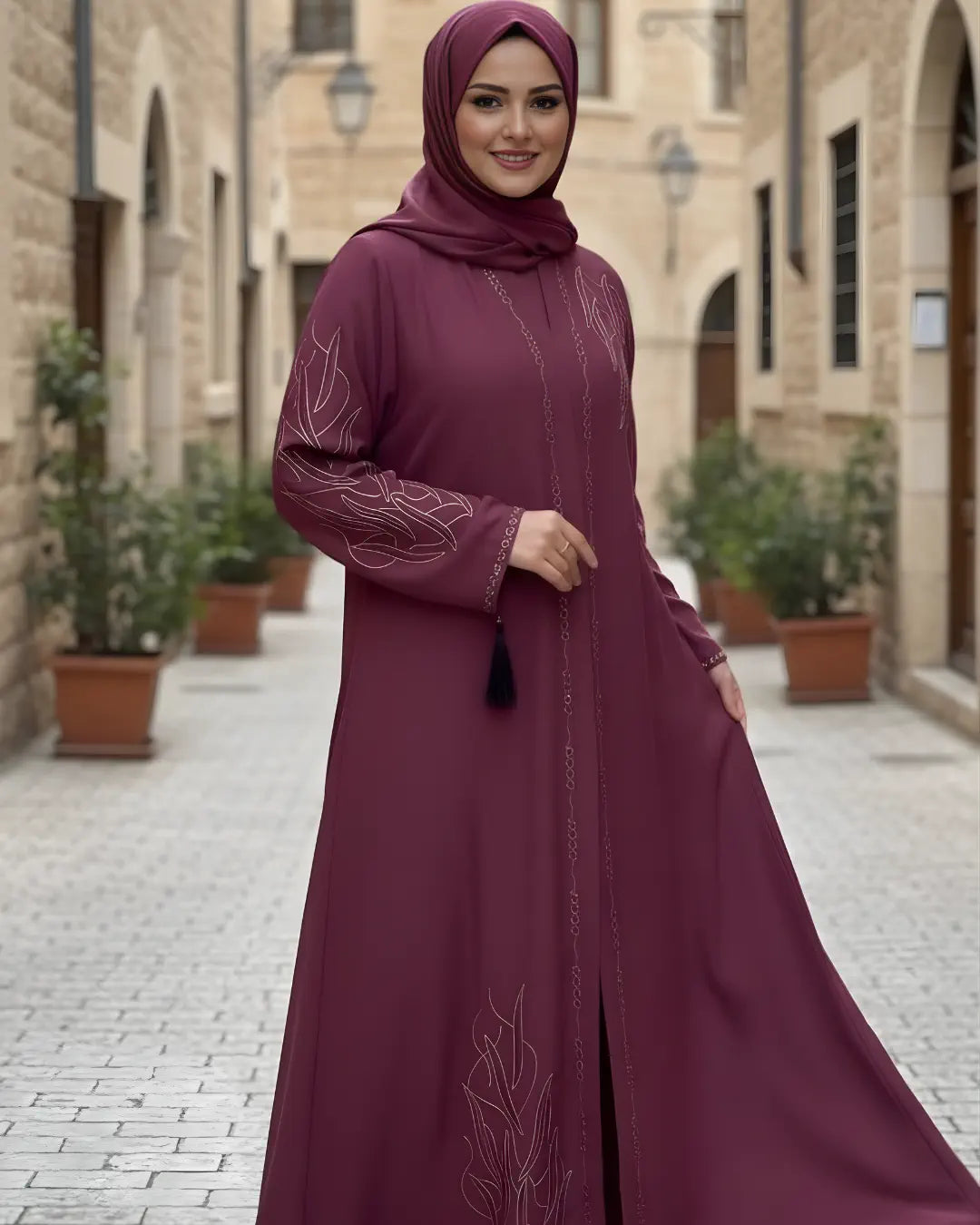 Woman wearing a burgundy abaya with intricate designs in an outdoor setting.