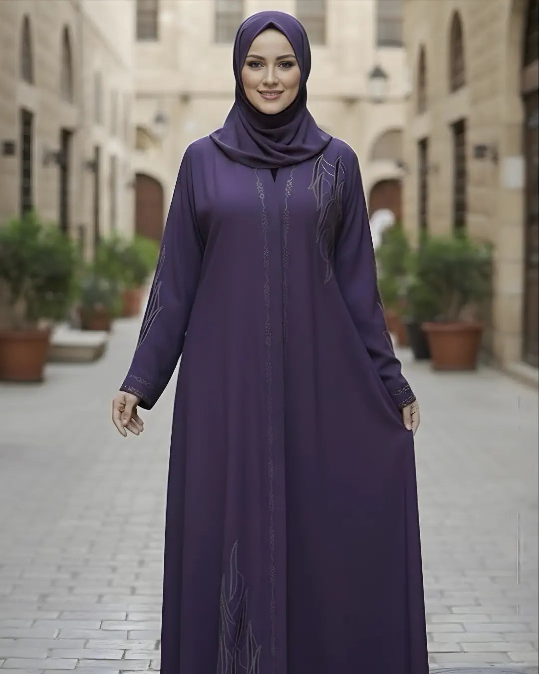 Woman wearing a long purple dress with a matching hijab on a street.