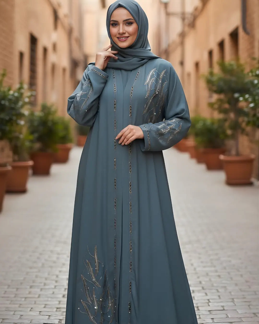 Woman in a long, dark blue abaya with intricate patterns standing on a street with plants and buildings in the background.