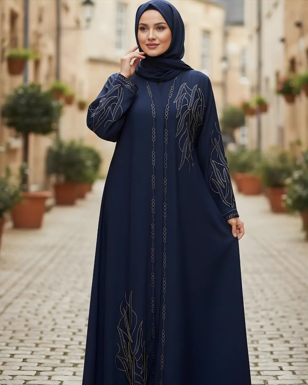 Woman wearing a navy blue abaya with intricate designs on a street.