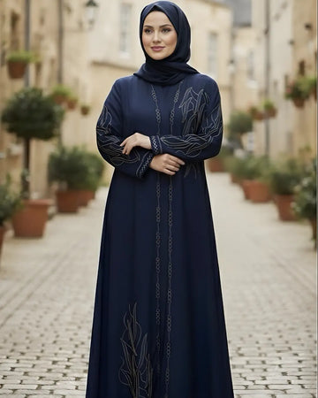 A girl wearing navy blue abaya with same color hijab