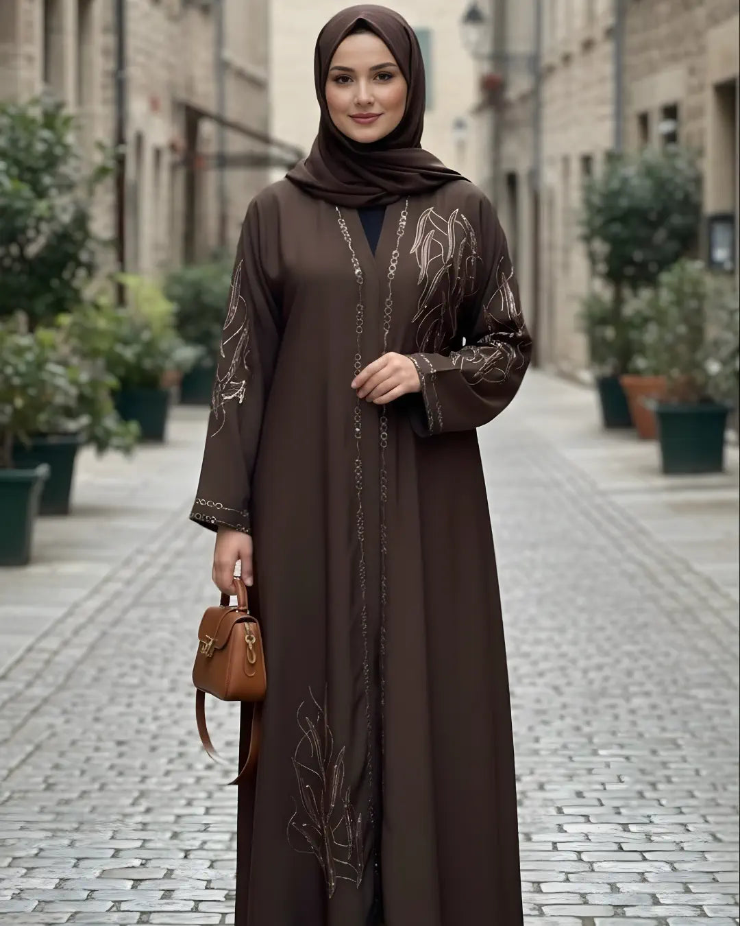 A girl wearing navy blue abaya with same color hijab