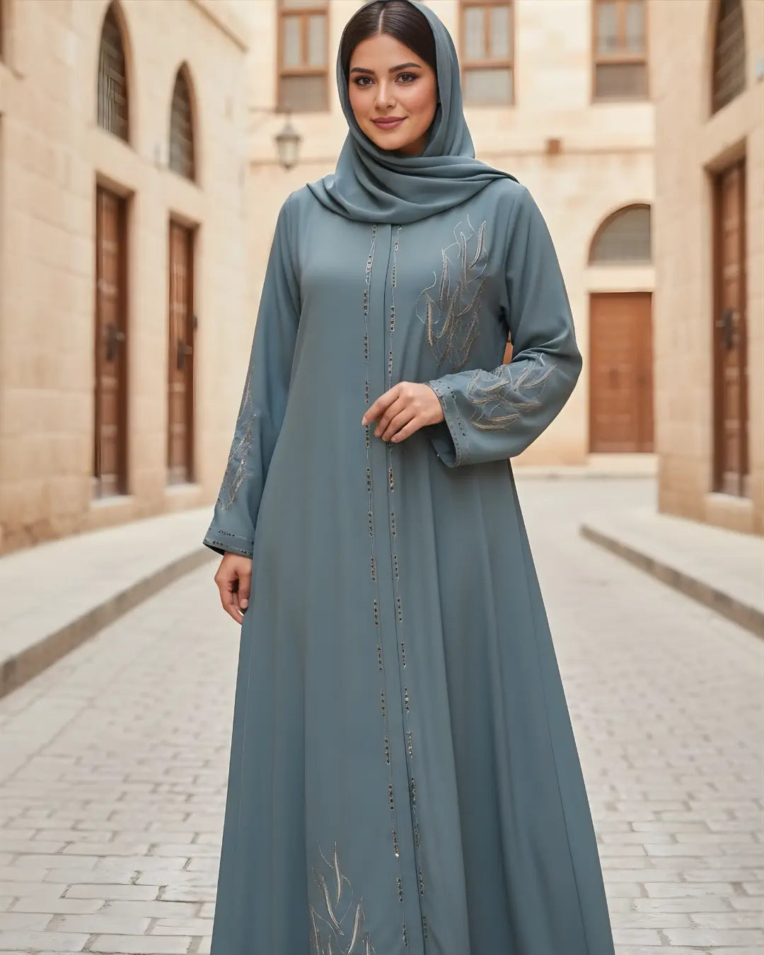 Woman in a long, light blue abaya with intricate patterns standing on a street.